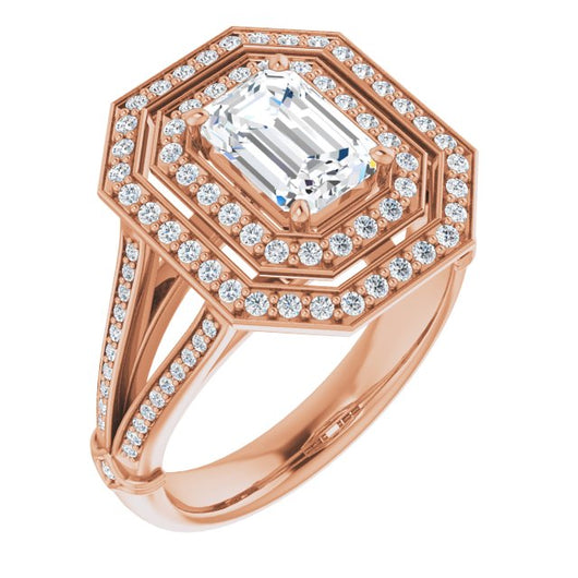 10K Rose Gold Customizable Cathedral-set Emerald/Radiant Cut Design with Double Halo, Wide Split-Shared Prong Band and Side Knuckle Accents