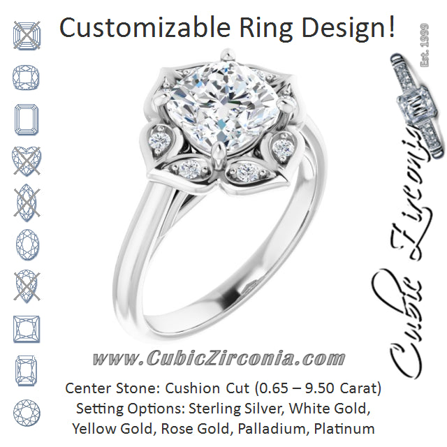 Cubic Zirconia Engagement Ring- The Neve (Customizable Cathedral-raised Cushion Cut Design with Star Halo & Round-Bezel Peekaboo Accents)