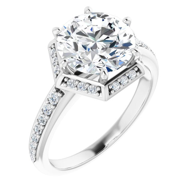 10K White Gold Customizable Round Cut Design with Geometric Under-Halo and Shared Prong Band