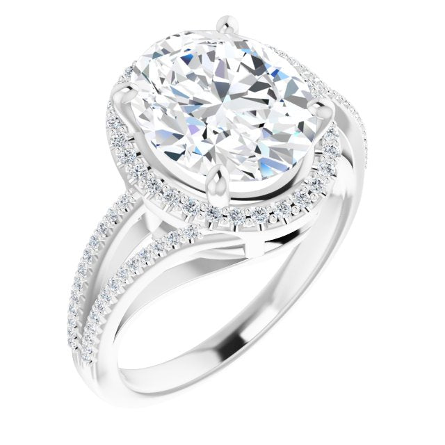 10K White Gold Customizable Oval Cut Vintage Design with Halo Style and Asymmetrical Split-Pavé Band