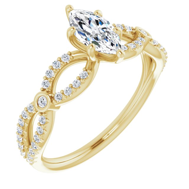 10K Yellow Gold Customizable Marquise Cut Design with Infinity-inspired Split Pavé Band and Bezel Peekaboo Accents