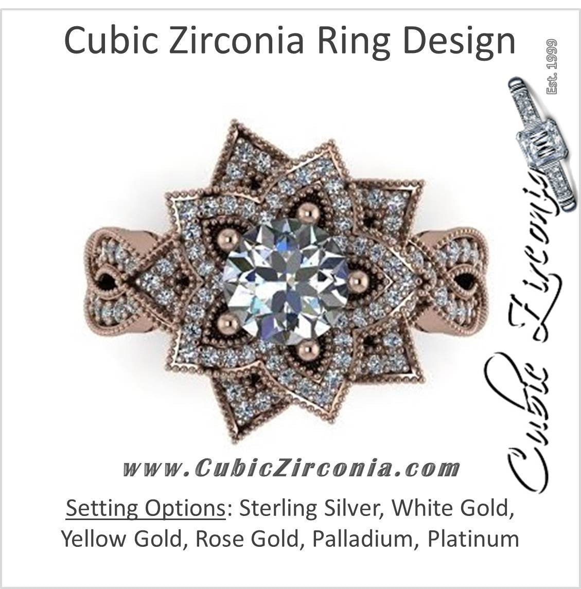 Cubic Zirconia Engagement Ring- 2.68 Carat Flower-Inspired Halo with Infinity Pave Band and Milgrain