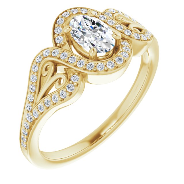 10K Yellow Gold Customizable Oval Cut Design with Bypass Halo and Split-Shared Prong Band