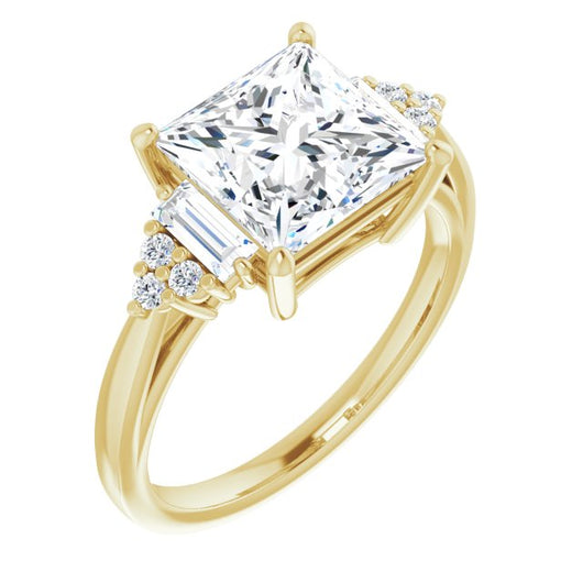 10K Yellow Gold Customizable 9-stone Design with Princess/Square Cut Center, Side Baguettes and Tri-Cluster Round Accents