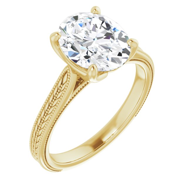 10K Yellow Gold Customizable Oval Cut Solitaire with Wheat-inspired Band 