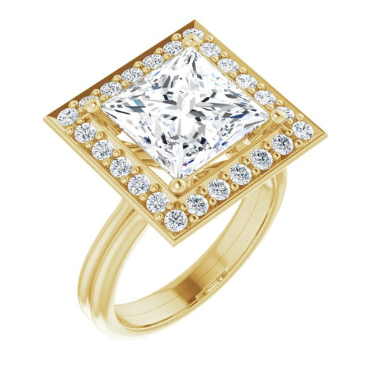 10K Yellow Gold Customizable Cluster-Halo Accented Princess/Square Cut Style with Tapered Dual Band