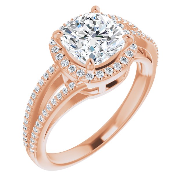 Cubic Zirconia Engagement Ring- The Claudette (Customizable Cushion Cut Vintage Design with Halo Style and Asymmetrical Split-Pavé Band)