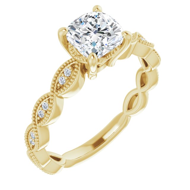 10K Yellow Gold Customizable Cushion Cut Artisan Design with Scalloped, Round-Accented Band and Milgrain Detail