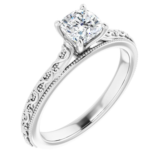 10K White Gold Customizable Cushion Cut Solitaire with Delicate Milgrain Filigree Band