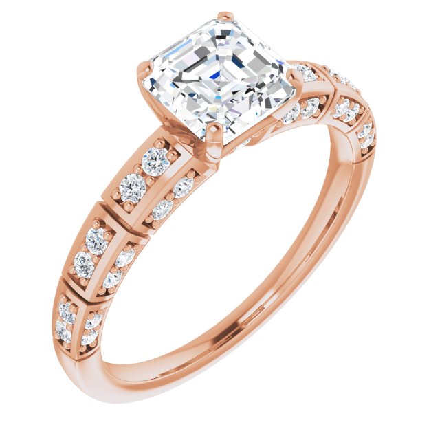 10K Rose Gold Customizable Asscher Cut Style with Three-sided, Segmented Shared Prong Band