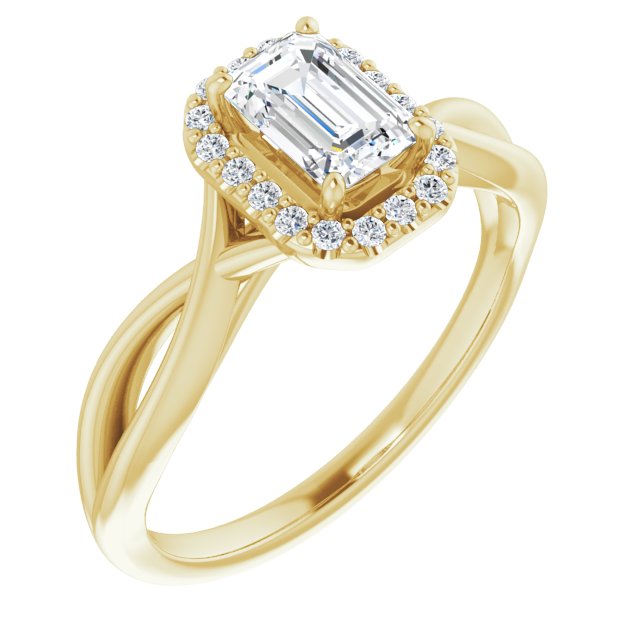 10K Yellow Gold Customizable Cathedral-Halo Emerald/Radiant Cut Design with Twisting Split Band