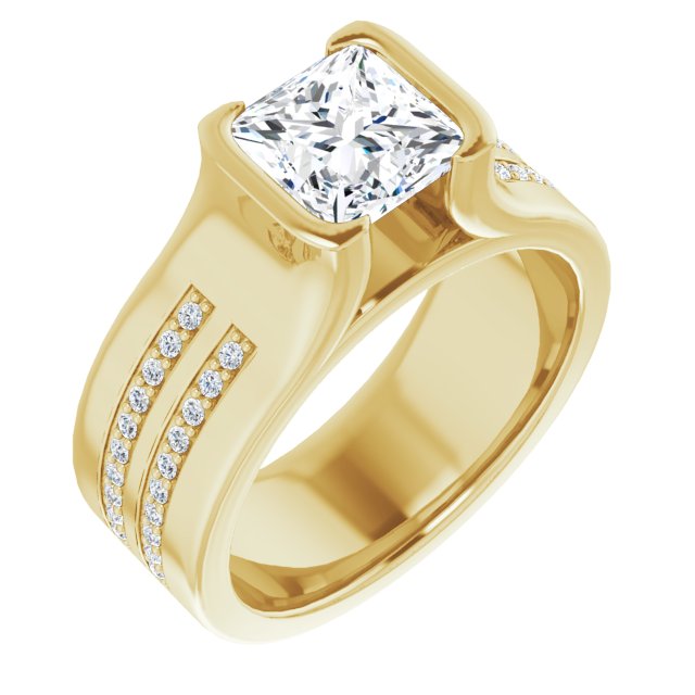 14K Yellow Gold Customizable Bezel-set Princess/Square Cut Design with Thick Band featuring Double-Row Shared Prong Accents