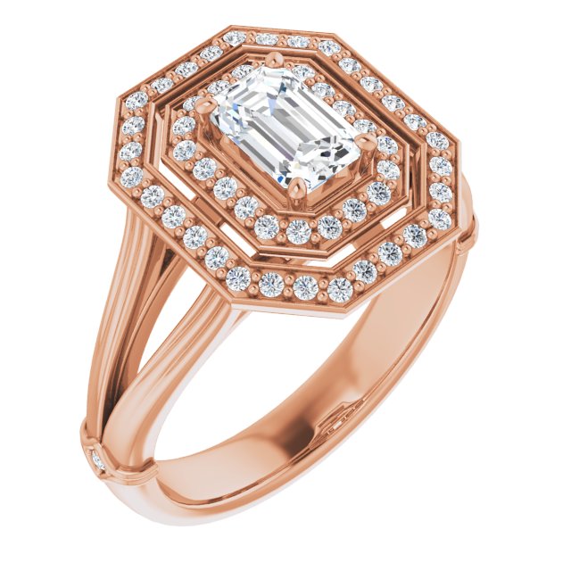 10K Rose Gold Customizable Cathedral-set Emerald/Radiant Cut Design with Double Halo, Wide Split Band and Side Knuckle Accents
