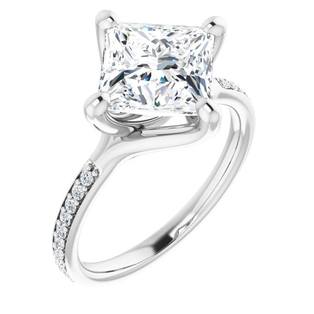 10K White Gold Customizable Princess/Square Cut Design featuring Thin Band and Shared-Prong Round Accents