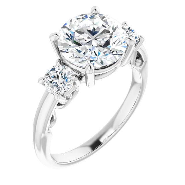 14K White Gold Customizable Round Cut 3-stone Style featuring Heart-Motif Band Enhancement