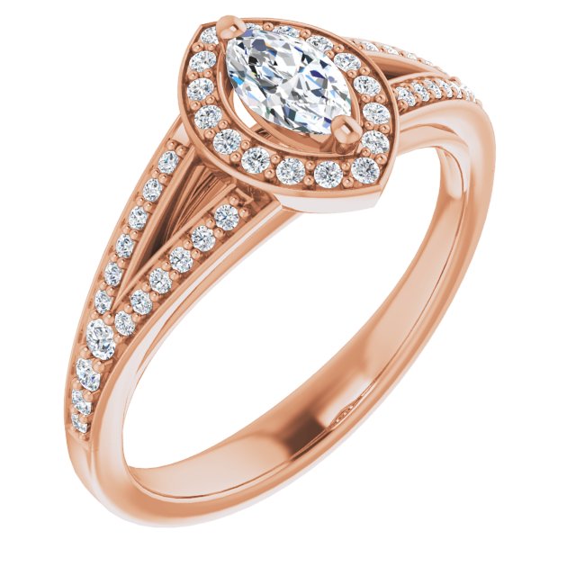 10K Rose Gold Customizable Cathedral-Halo Marquise Cut Style featuring Split-Shared Prong Band