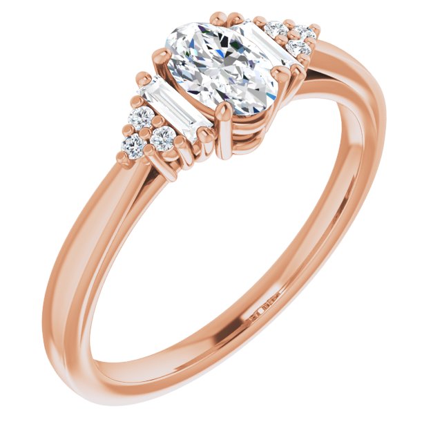 10K Rose Gold Customizable 9-stone Design with Oval Cut Center, Side Baguettes and Tri-Cluster Round Accents