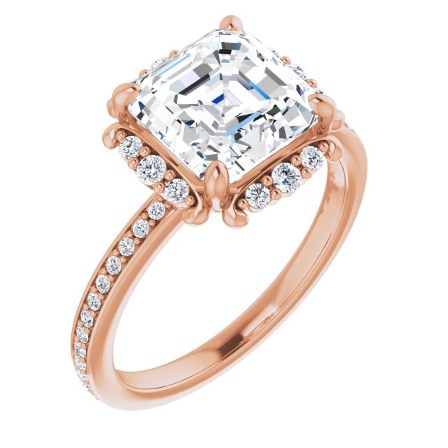10K Rose Gold Customizable Asscher Cut Style with Halo and Thin Shared Prong Band