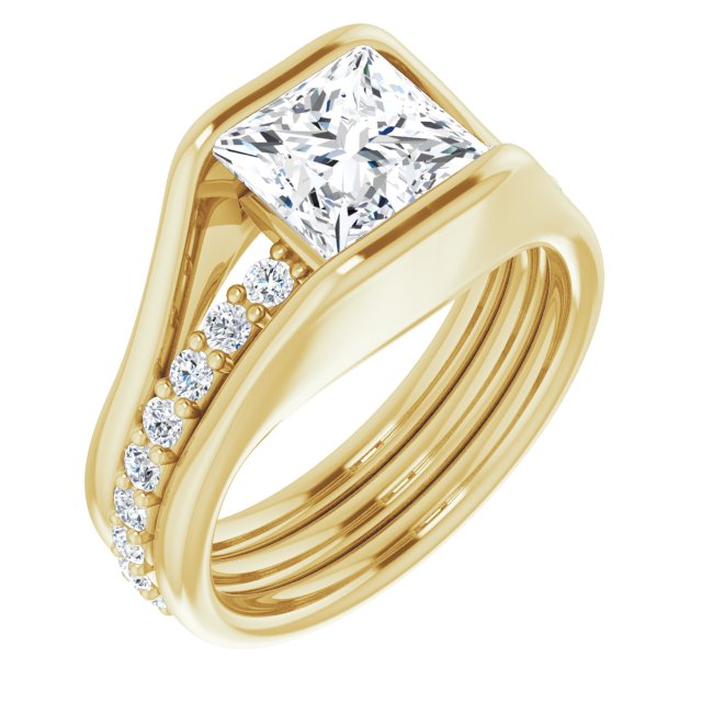 10K Yellow Gold Customizable Bezel-set Princess/Square Cut Style with Thick Pavé Band