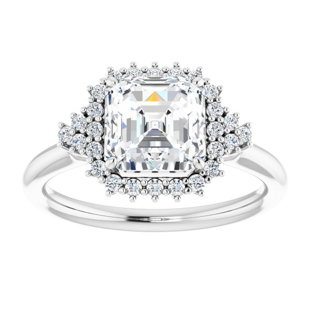 Cubic Zirconia Engagement Ring- The Winter (Customizable Asscher Cut Cathedral-Halo Design with Tri-Cluster Round Accents)
