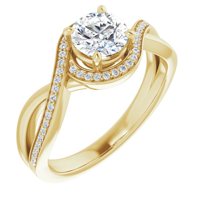10K Yellow Gold Customizable Bypass-Halo-Accented Round Cut Center with Twisting Split Shared Prong Band