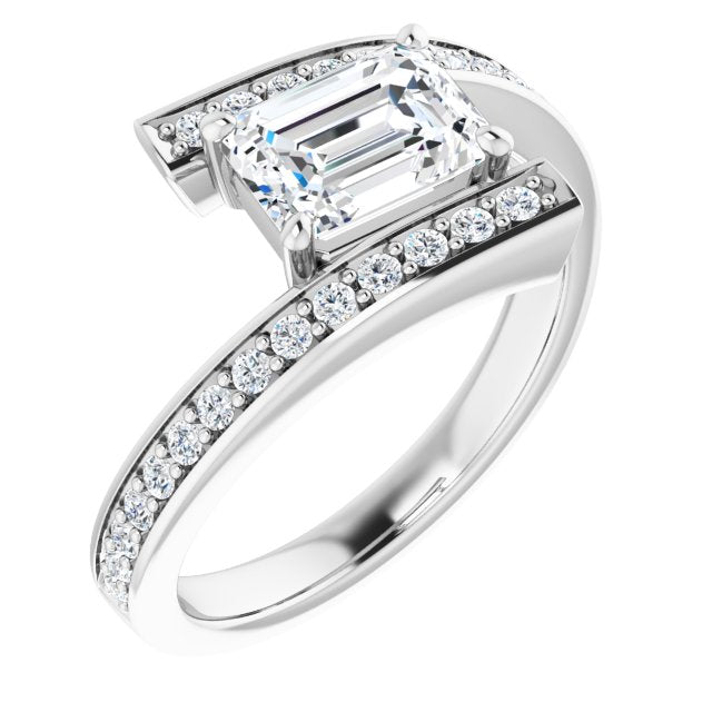 10K White Gold Customizable Faux-Bar-set Emerald/Radiant Cut Design with Accented Bypass Band