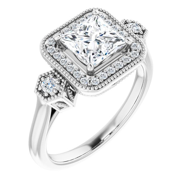 10K White Gold Customizable Cathedral Princess/Square Cut Design with Halo and Delicate Milgrain