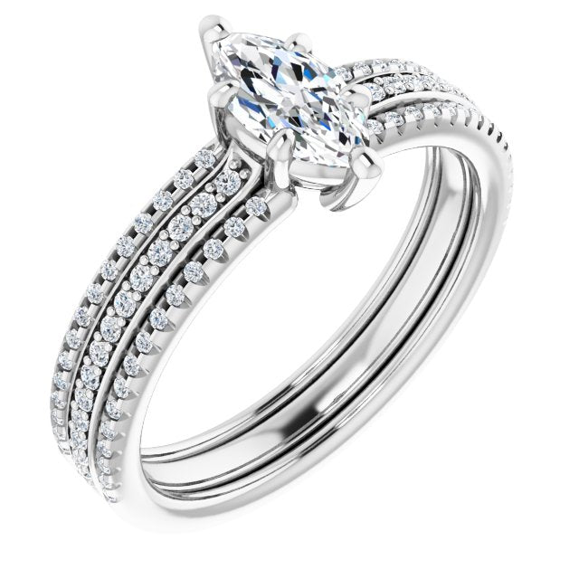 10K White Gold Customizable Marquise Cut Center with Wide Pavé Accented Band