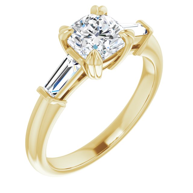 10K Yellow Gold Customizable 3-stone Cushion Cut Design with Tapered Baguettes