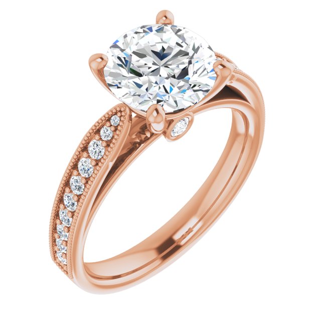 14K Rose Gold Customizable Round Cut Style featuring Milgrained Shared Prong Band & Dual Peekaboos