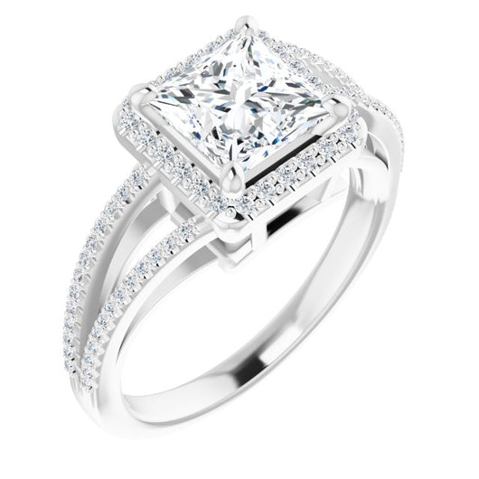 10K White Gold Customizable Princess/Square Cut Vintage Design with Halo Style and Asymmetrical Split-Pavé Band
