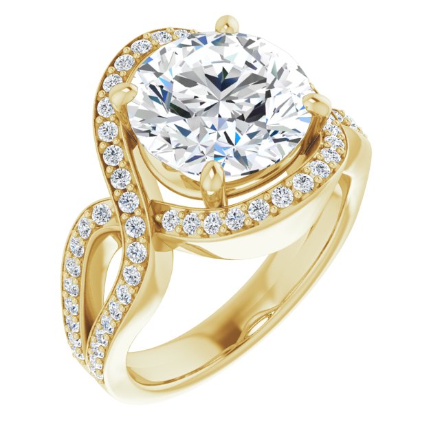 10K Yellow Gold Customizable Round Cut Center with Infinity-inspired Split Shared Prong Band and Bypass Halo