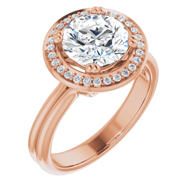 Cubic Zirconia Engagement Ring- The Jeanine Marie (Customizable Round Cut Style with Scooped Halo and Grooved Band)