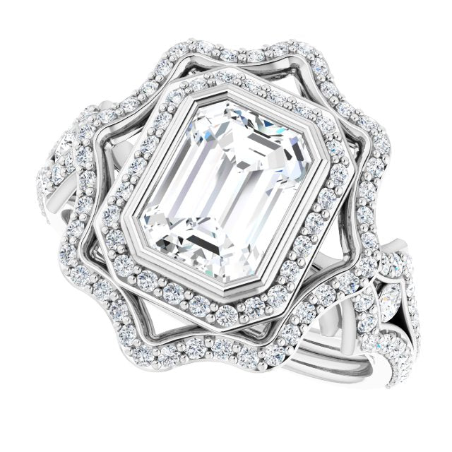 Cubic Zirconia Engagement Ring- The Arya (Customizable Radiant Cut Style with Ultra-wide Pavé Split-Band and Nature-Inspired Double Halo)