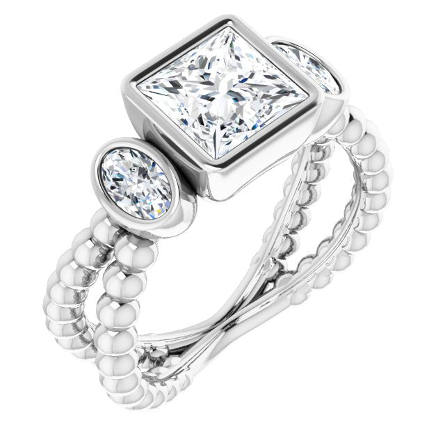 10K White Gold Customizable 3-stone Princess/Square Cut Design with 2 Oval Cut Side Stones and Wide, Bubble-Bead Split-Band