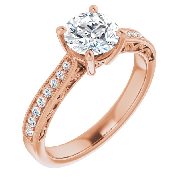 10K Rose Gold Customizable Round Cut Design with Round Band Accents and Three-sided Filigree Engraving