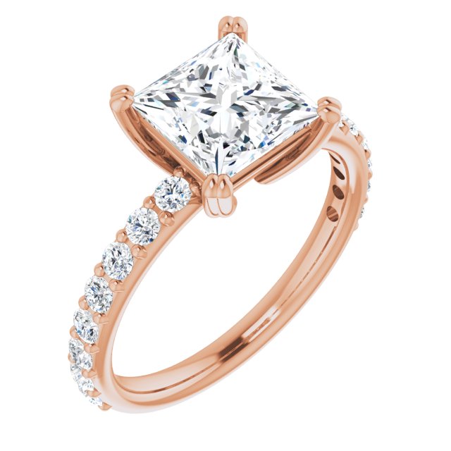 10K Rose Gold Customizable Princess/Square Cut Design with Large Round Cut 3/4 Band Accents