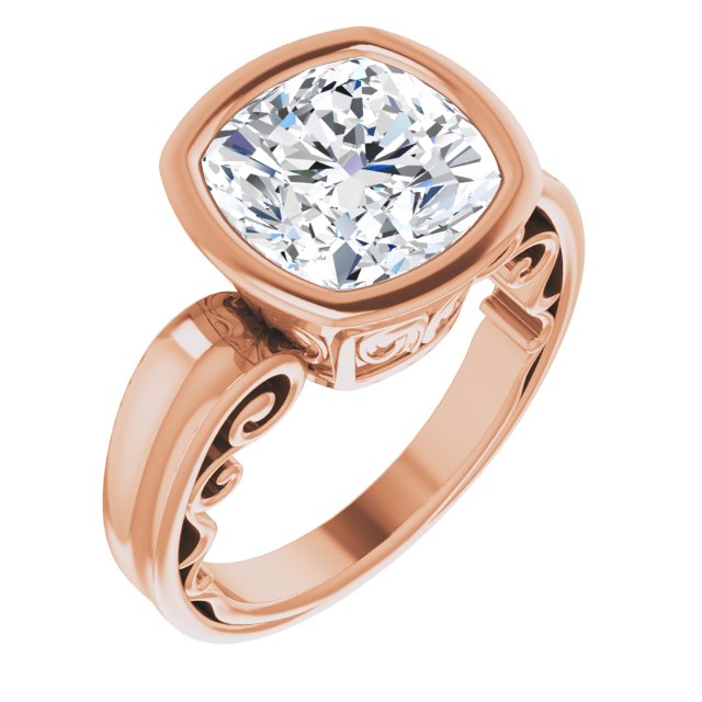 10K Rose Gold Customizable Bezel-set Cushion Cut Solitaire with Wide 3-sided Band