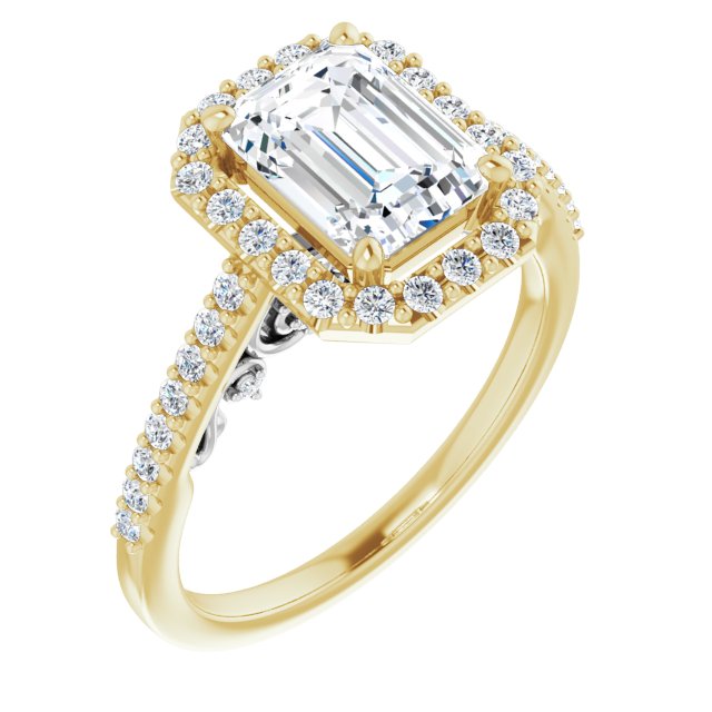 14K Yellow & White Gold Customizable Cathedral-Halo Emerald/Radiant Cut Design with Carved Metal Accent plus Pavé Band