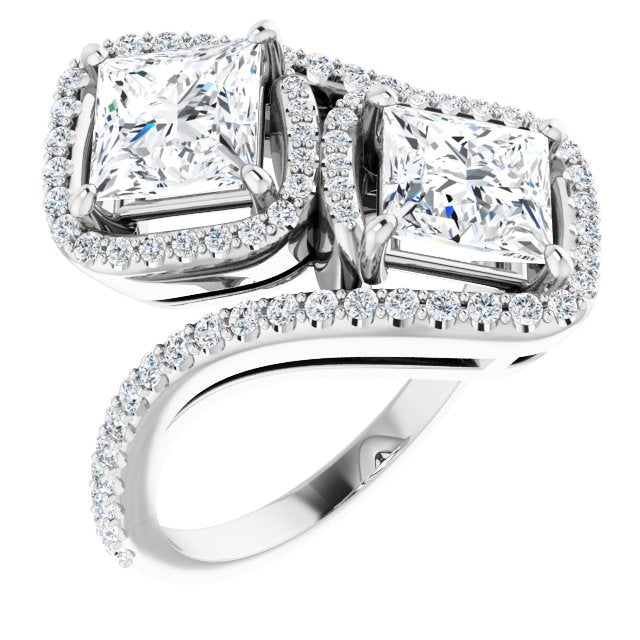 10K White Gold Customizable Double Princess/Square Cut 2-Stone Style Enhanced with Accented Artisan Bypass Band