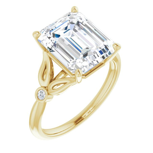 10K Yellow Gold Customizable 3-stone Emerald/Radiant Cut Design with Thin Band and Twin Round Bezel Side Stones