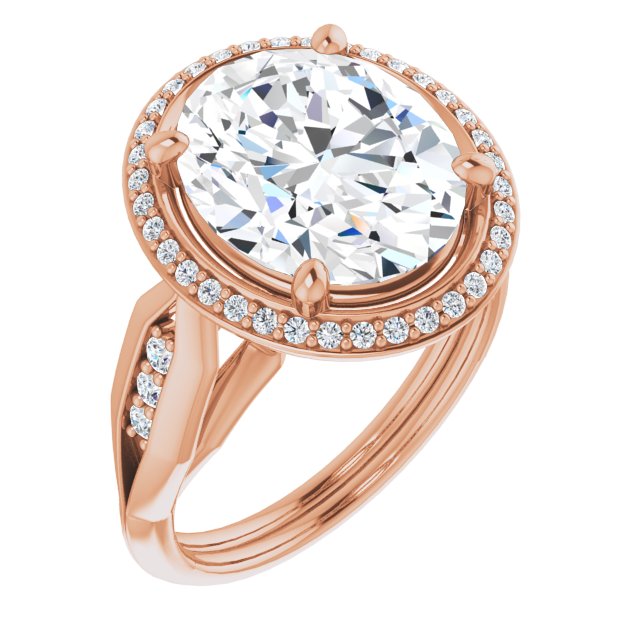 10K Rose Gold Customizable Cathedral-raised Oval Cut Design with Halo and Tri-Cluster Band Accents