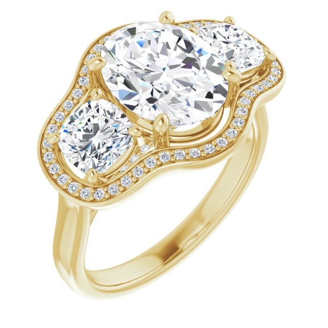 10K Yellow Gold Customizable 3-stone Design with Oval Cut Center, Cushion Side Stones, Triple Halo and Bridge Under-halo