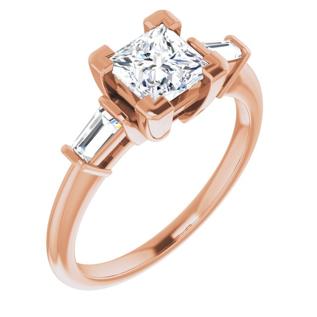10K Rose Gold Customizable 3-stone Princess/Square Cut Design with Dual Baguette Accents)