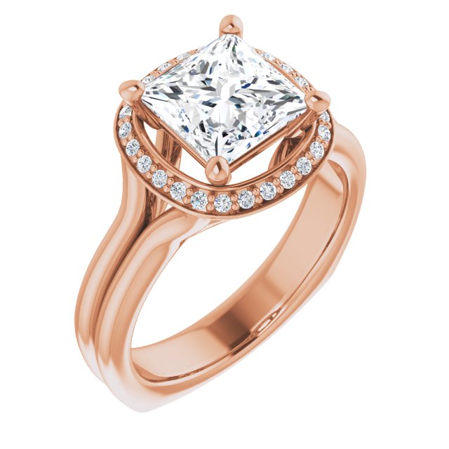 10K Rose Gold Customizable Princess/Square Cut Style with Halo, Wide Split Band and Euro Shank