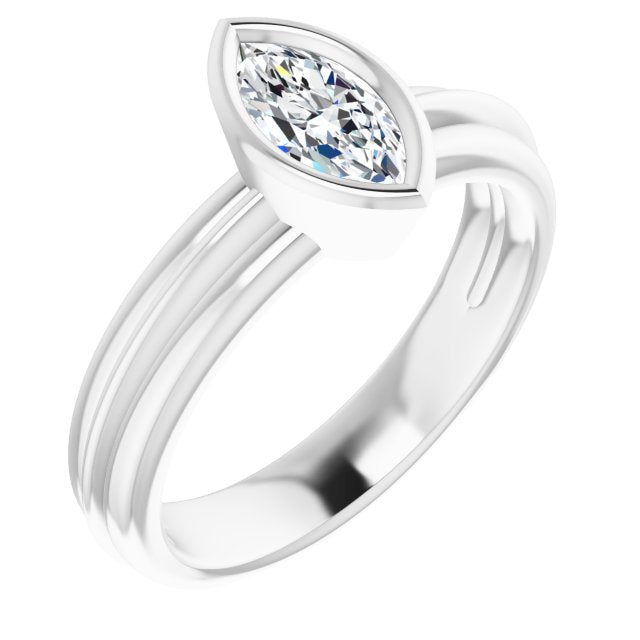 10K White Gold Customizable Bezel-set Marquise Cut Solitaire with Grooved Band