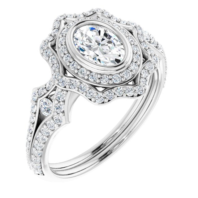 10K White Gold Customizable Oval Cut Style with Ultra-wide Pavé Split-Band and Nature-Inspired Double Halo