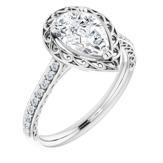 10K White Gold Customizable Pear Cut Halo Design with Filigree and Accented Band