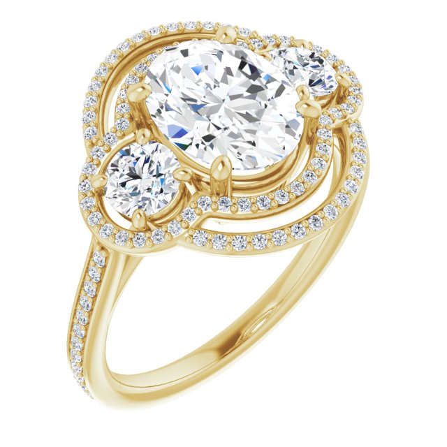10K Yellow Gold Customizable Enhanced 3-stone Double-Halo Style with Oval Cut Center and Thin Band