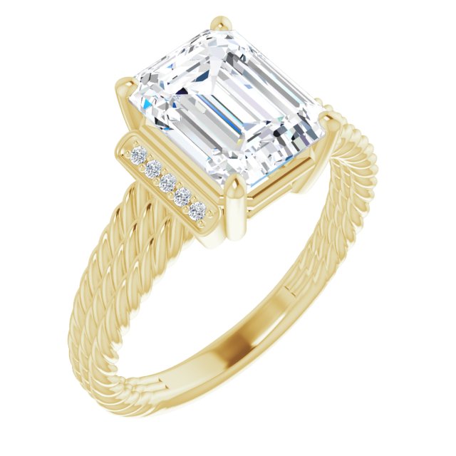 10K Yellow Gold Customizable 11-stone Design featuring Emerald/Radiant Cut Center, Vertical Round-Channel Accents & Wide Triple-Rope Band